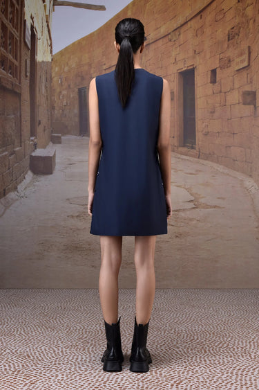 Navy Poly Wool Sequin Embellished Sleeveless Dress - Genes Online Store