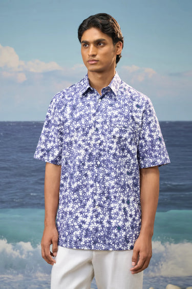 Navy Premium Cotton Poplin Printed Polo Shirt