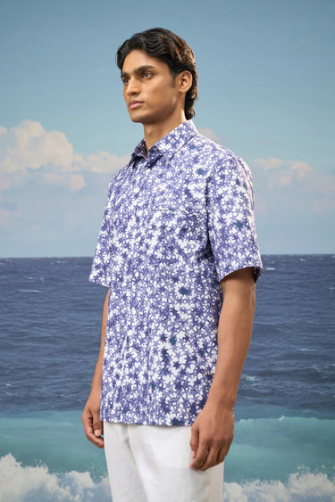 Navy Premium Cotton Poplin Printed Polo Shirt