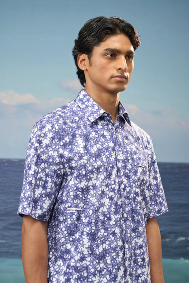 Navy Premium Cotton Poplin Printed Polo Shirt