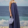 Navy Giza cotton sleeveless dress for women with pleated detailing