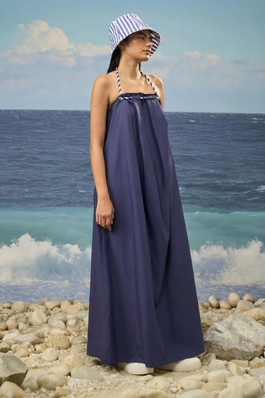 Navy sleeveless dress for women with relaxed fit and structured silhouette