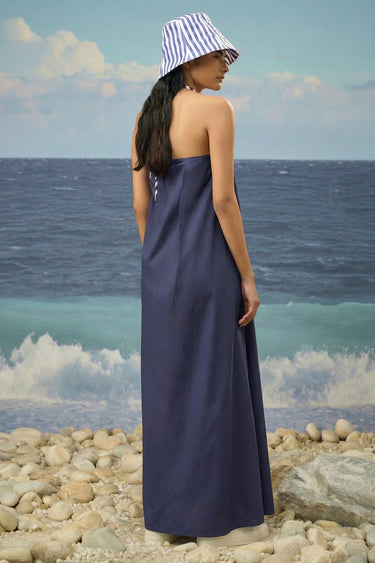Navy Giza cotton dress for women showing breathable soft fabric texture