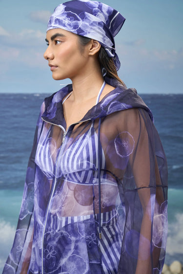 Navy poly organza hoodie for women showing lightweight sheer fabric texture