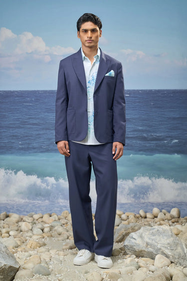 Navy poly viscose jacket for men showing smooth breathable fabric texture