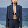 Navy poly viscose relaxed jacket for women with solid minimalist design