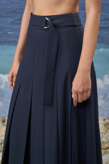 Navy poly wool skirt for women styled for elevated casual wear