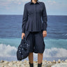 Navy poly wool relaxed shirt for women with pleated detailing