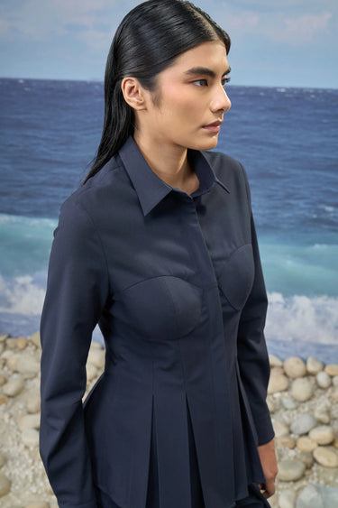 Navy relaxed shirt for women with pleated front and clean design