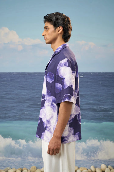 Stylish navy abstract print shirt men India, lightweight premium fabric