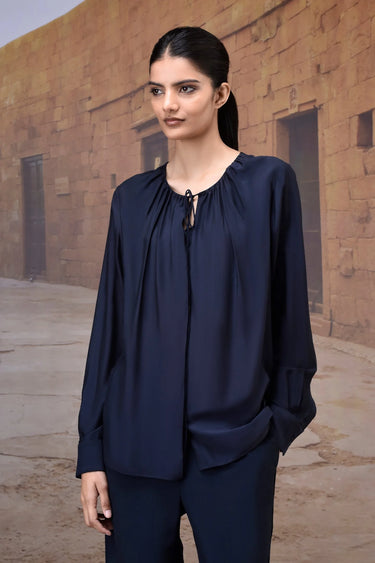 Navy Silk Viscose Gathered Neck Shirt - Genes Online Store