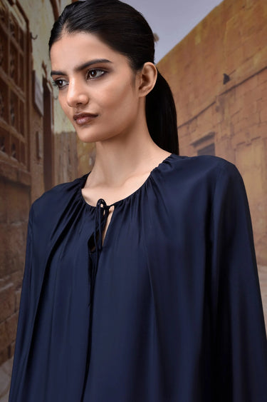 Navy Silk Viscose Gathered Neck Shirt - Genes Online Store