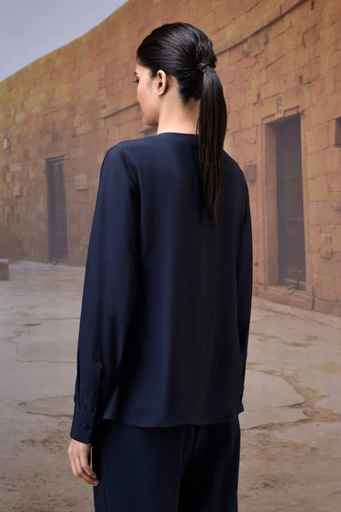 Navy Silk Viscose Gathered Neck Shirt - Genes Online Store