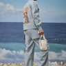 Navy stripe cotton denim jacket for men with subtle graphic print