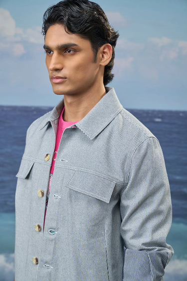 Navy stripe cotton denim jacket for men styled for casual wear