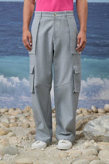 Navy Stripe Premium Cotton Denim Relaxed Cargo Pants