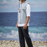 Navy stripe cotton denim vest for men with structured design