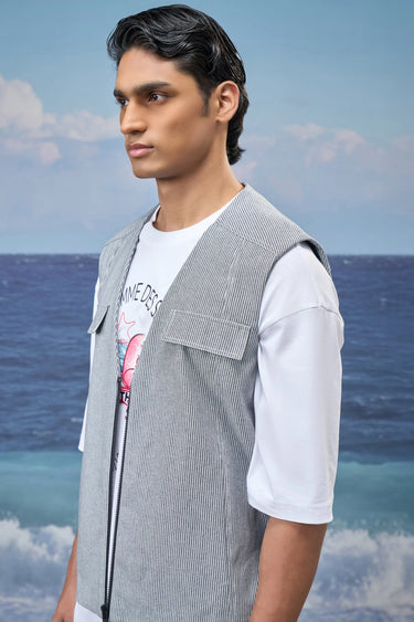 Navy stripe vest for men with front button closure and minimal detailing