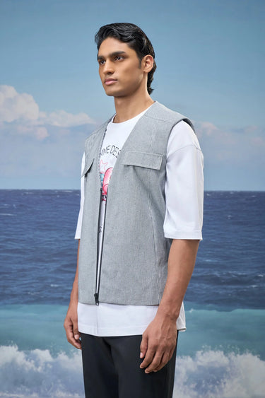 Navy stripe cotton denim vest for men showing breathable textured fabric