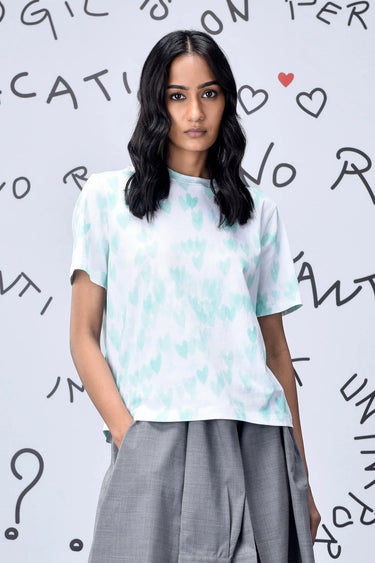 Nile Green Cotton Single Jersey T-Shirt with Heart Motif Print - Genes Online Store