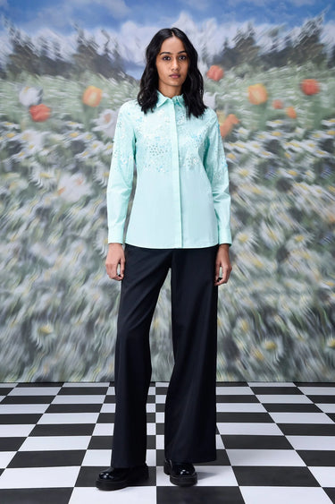 Nile green embroidered Giza cotton shirt for women with soft finish