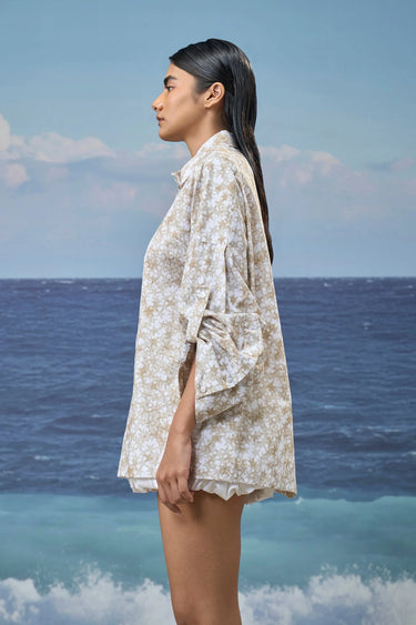 Oversized A-Line Shirt in Premium Cotton Poplin with Printed Finish - Mastic