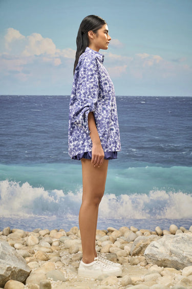 Oversized A-Line Shirt in Premium Cotton Poplin with Printed Finish - Navy