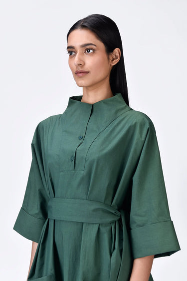 Oversized Cotton Shirt Dress with Tapered Yoke - Pine Green - Genes Lecoanet Hemant