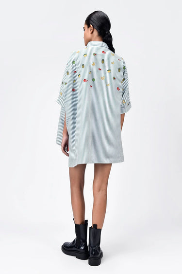 Oversized Cotton Shirt With Fruit Motifs Embroidery Green Stripe - Genes Lecoanet Hemant