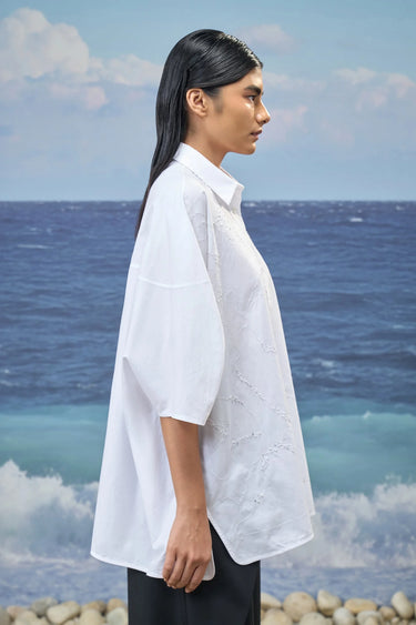 Oversized Free-Size Shirt in Premium Cotton Dobby – White