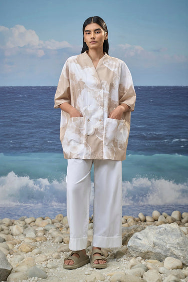 Women free size oversized shirt with abstract print in viscose nylon fabric India