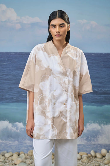 Beige abstract print oversized shirt for women, premium designer fashion India