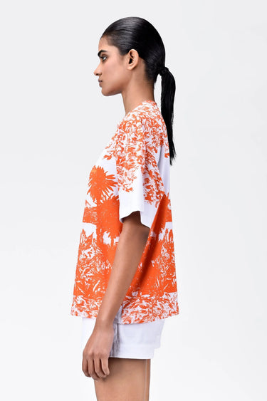 Oversized Landscape Print Crew Neck T-Shirt-Coral Orange - Genes Lecoanet Hemant