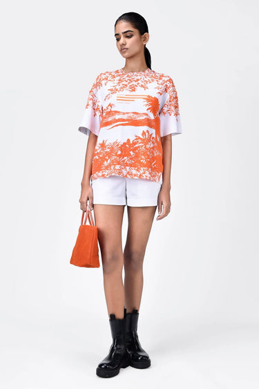 Oversized Landscape Print Crew Neck T-Shirt-Coral Orange - Genes Lecoanet Hemant