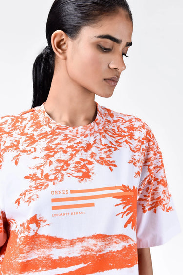 Oversized Landscape Print Crew Neck T-Shirt-Coral Orange - Genes Lecoanet Hemant