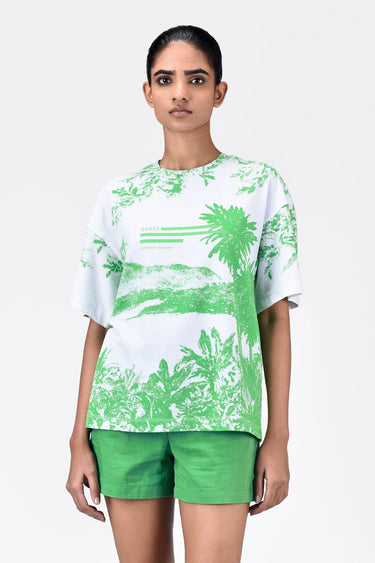 Oversized Landscape Print Crew Neck T-Shirt Green - Genes Lecoanet Hemant