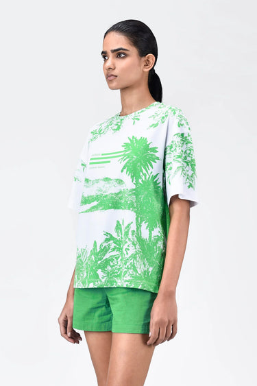 Oversized Landscape Print Crew Neck T-Shirt Green - Genes Lecoanet Hemant