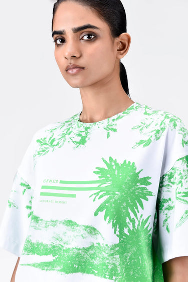 Oversized Landscape Print Crew Neck T-Shirt Green - Genes Lecoanet Hemant