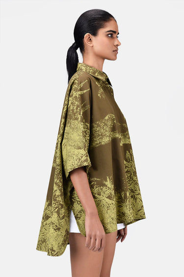 Oversized Monotone Landscape Print Shirt Mint Green Khaki - Genes Lecoanet Hemant