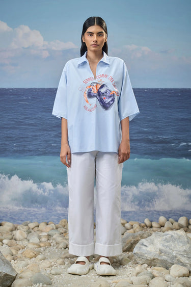Oversized Polo-Collar Shirt in Premium Cotton Poplin with Statement Print - Light Blue