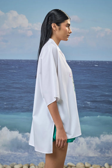Oversized Polo-Collar Shirt in Premium Cotton Poplin with Statement Print - White