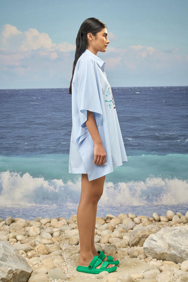 Oversized Printed Shirt in Premium Cotton Poplin - Light Blue