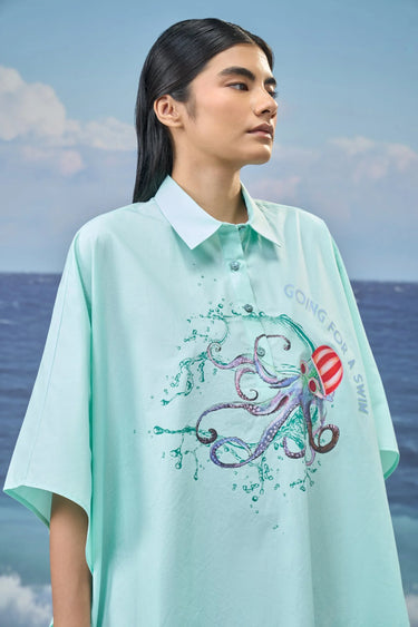 Oversized Printed Shirt in Premium Cotton Poplin - Mint Green