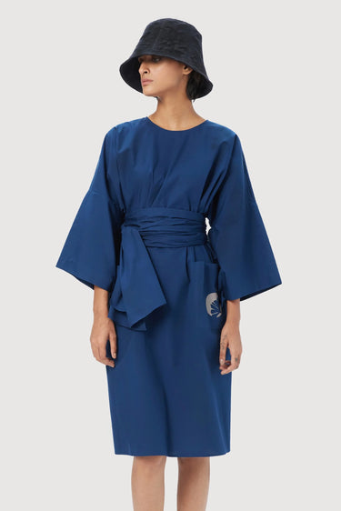 Oversized Round Neck Dress with Artistic Stamp Print Blue - Genes Lecoanet Hemant