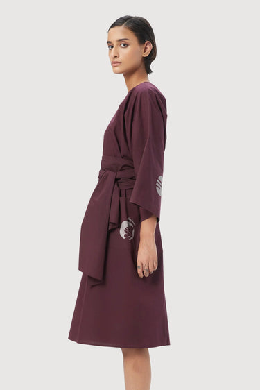 Oversized Round Neck Dress with Artistic Stamp Print Wine - Genes Lecoanet Hemant