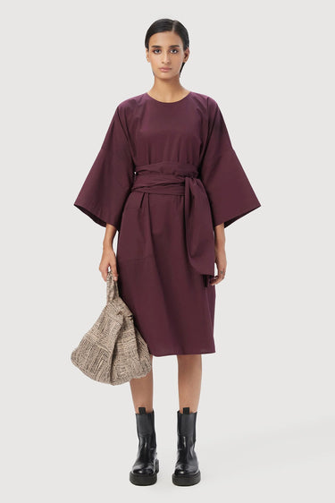 Oversized Round Neck Dress with Artistic Stamp Print Wine - Genes Lecoanet Hemant