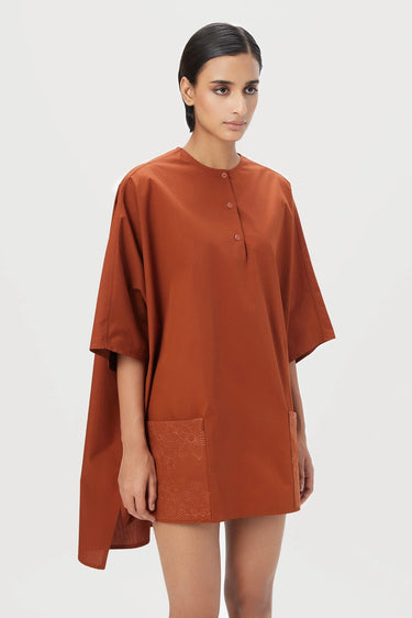 Oversized Round Neck Top with Front Placket Rust - Genes Lecoanet Hemant