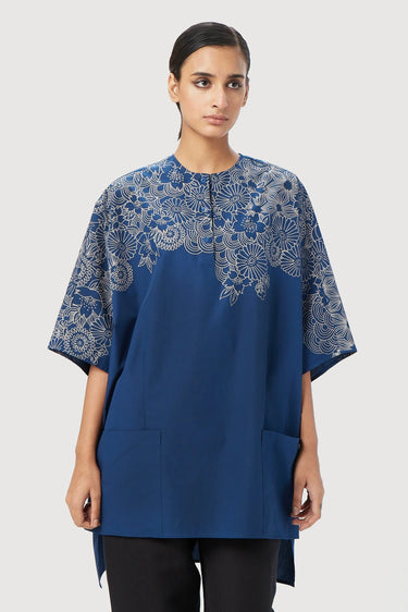 Oversized Round Neck Top with Placket - Genes Lecoanet Hemant