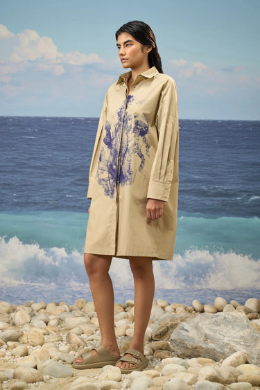 Oversized Shirt Dress in Premium Cotton Poplin with Ink-Blot Print - Mastic