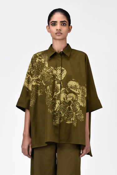 Oversized Shirt with Orchid Print - Khaki - Genes Lecoanet Hemant